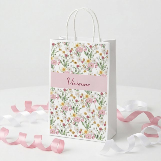 Pink Green Wildflower Watercolor Monogram Small Gift Bag (Pink Green Wildflower Watercolor Monogram Small Gift Bag)
