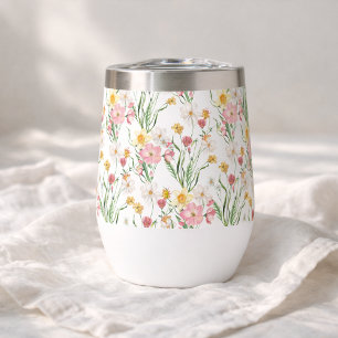 Pink Green Wildflower Watercolor Thermal Wine Tumbler