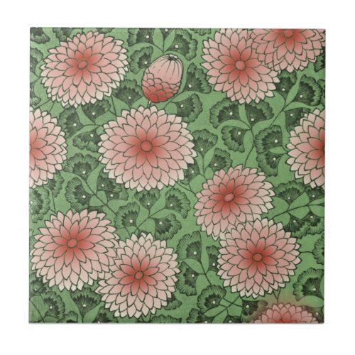 Pink Green Wm Morris Style Chrysanthemum Repro Ceramic Tile