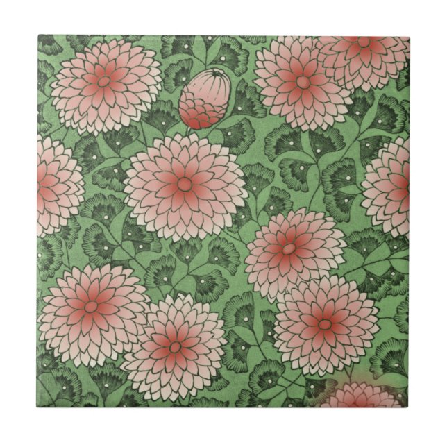 Pink Green Wm Morris Style Chrysanthemum Repro Ceramic Tile (Front)