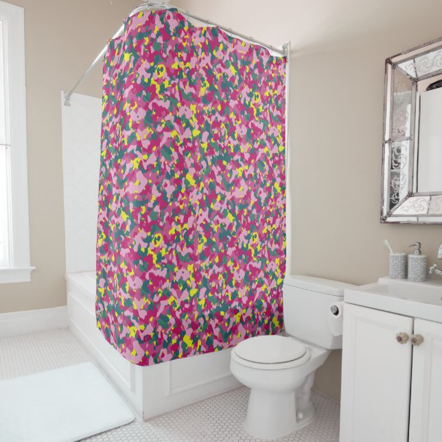  Pink Green yellow Camouflage Camo Pattern   Shower Curtain (In Situ)