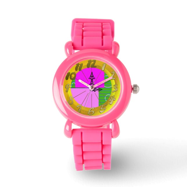 Pink Green Yellow Geometric Squares Rectangles Watch (Front)