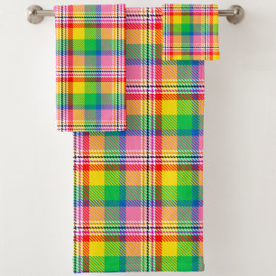 Pink Green Yellow Madras Plaid Design  Bath Towel Set