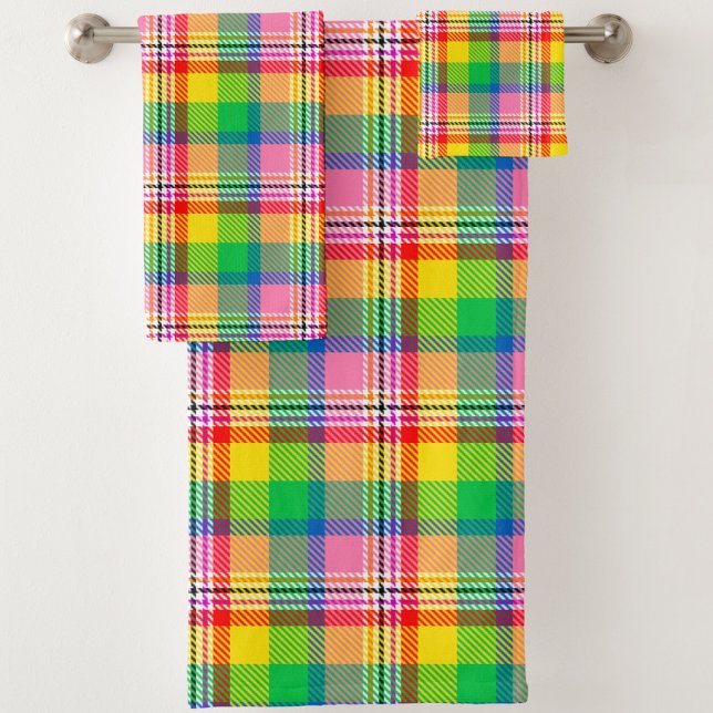 Pink Green Yellow Madras Plaid Design  Bath Towel Set (Creator Uploaded)