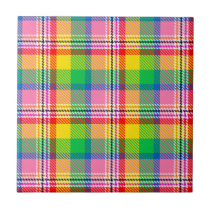 Pink Green Yellow Madras Plaid Design Ceramic Tile