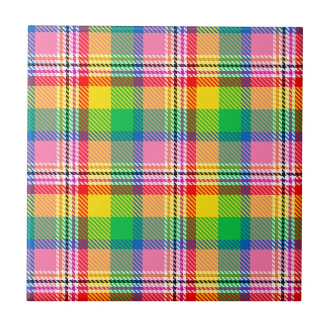 Pink Green Yellow Madras Plaid Design  Ceramic Tile (Front)