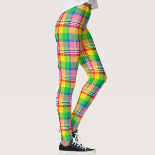 Pink Green Yellow Madras Plaid Design  Leggings