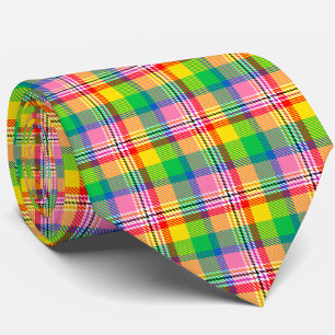 Pink Green Yellow Madras Plaid Design  Neck Tie