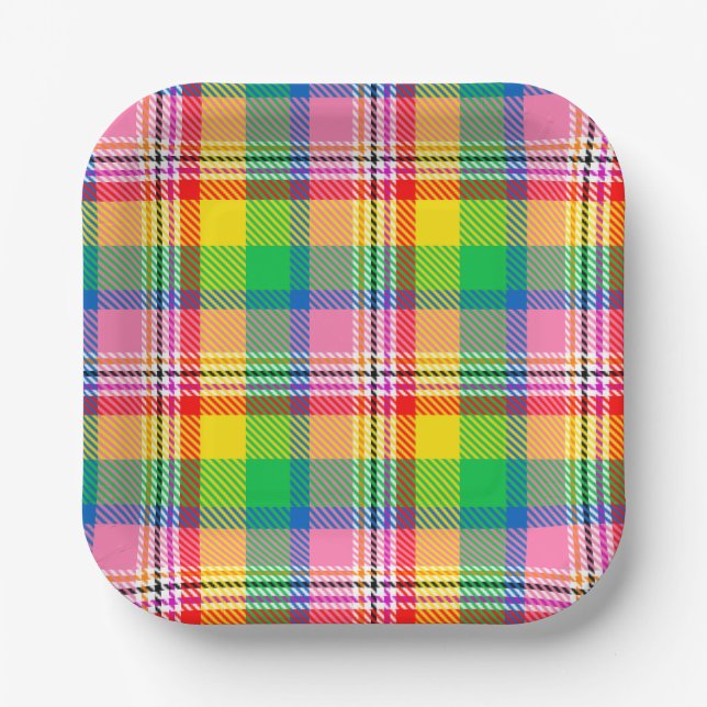 Pink Green Yellow Madras Plaid Design  Paper Plates (Front)