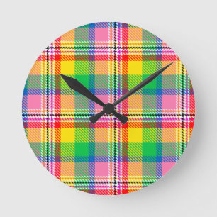 Pink Green Yellow Madras Plaid Design Round Clock