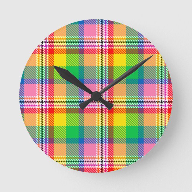 Pink Green Yellow Madras Plaid Design  Round Clock (Front)