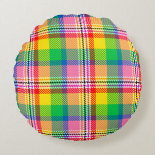 Pink Green Yellow Madras Plaid Design Round Pillow