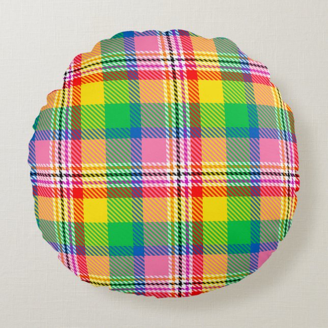 Pink Green Yellow Madras Plaid Design  Round Pillow (Front)