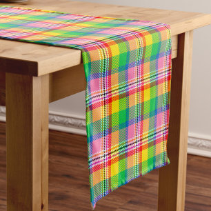 Pink Green Yellow Madras Plaid Design  Short Table Runner