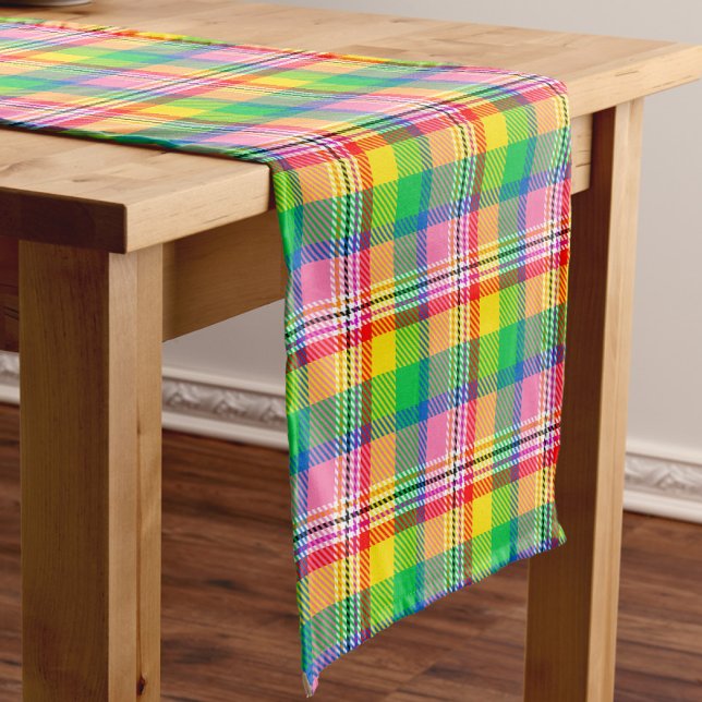 Pink Green Yellow Madras Plaid Design  Short Table Runner (Creator Uploaded)