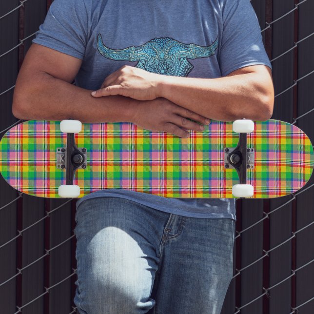 Pink Green Yellow Madras Plaid Design  Skateboard (Creator Uploaded)