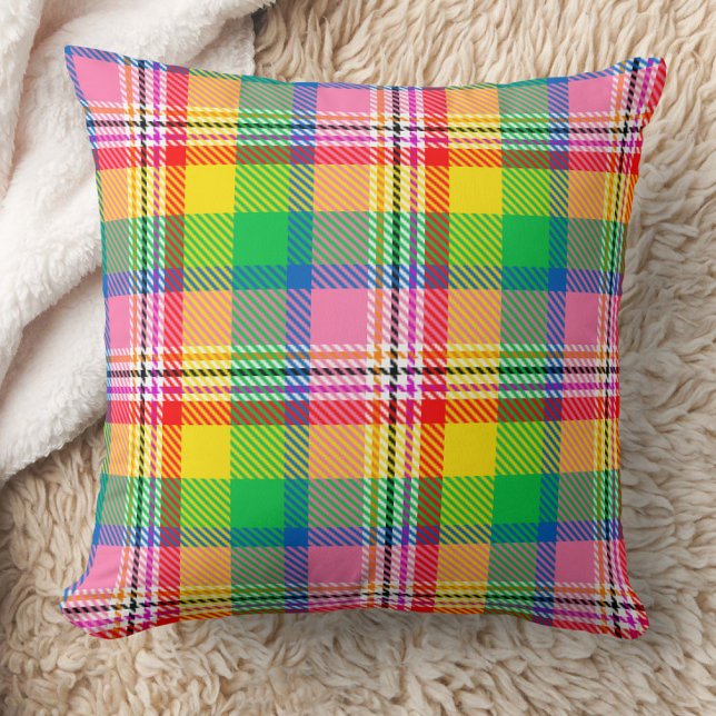 Pink Green Yellow Madras Plaid Design  Throw Pillow (Creator Uploaded)