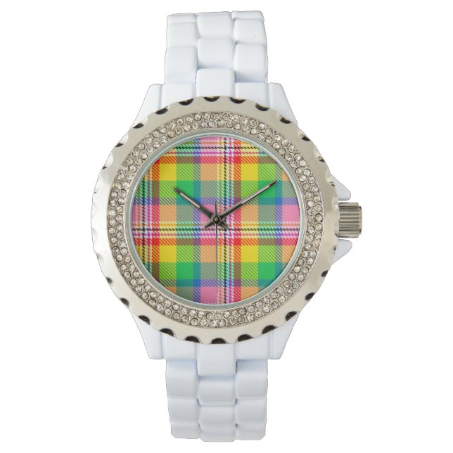 Pink Green Yellow Madras Plaid Design  Watch (Front)