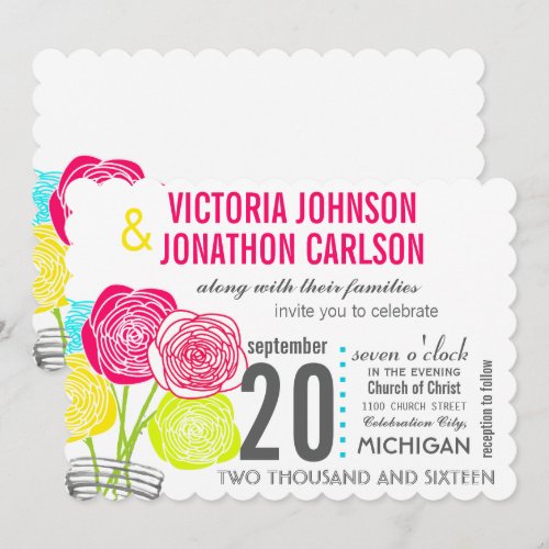 Pink Green Yellow Photo Floral ModernTypography Custom Invites