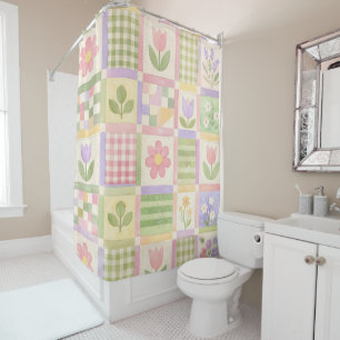 Pink Green Yellow Pastel Quilt Patchwork Floral Shower Curtain