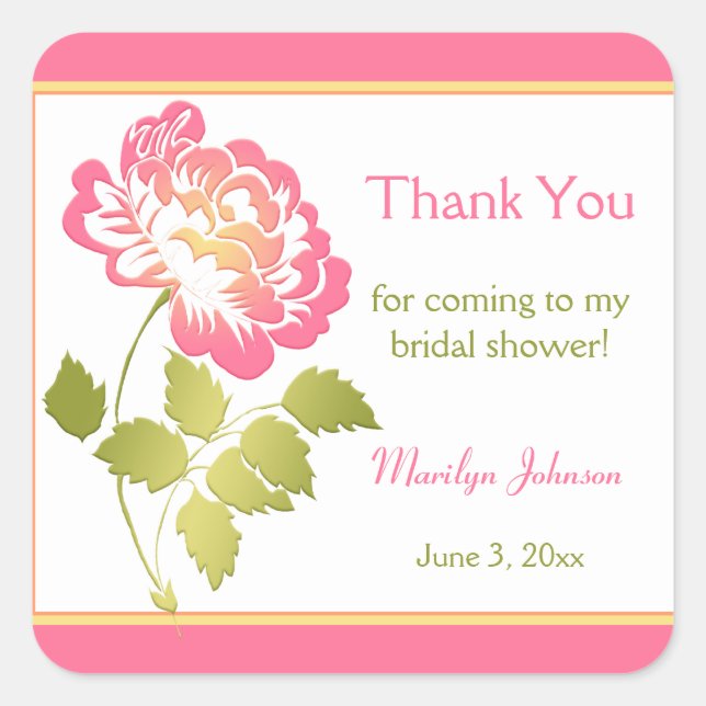 Pink, Green, Yellow, Peony Bridal Shower Sticker (Front)
