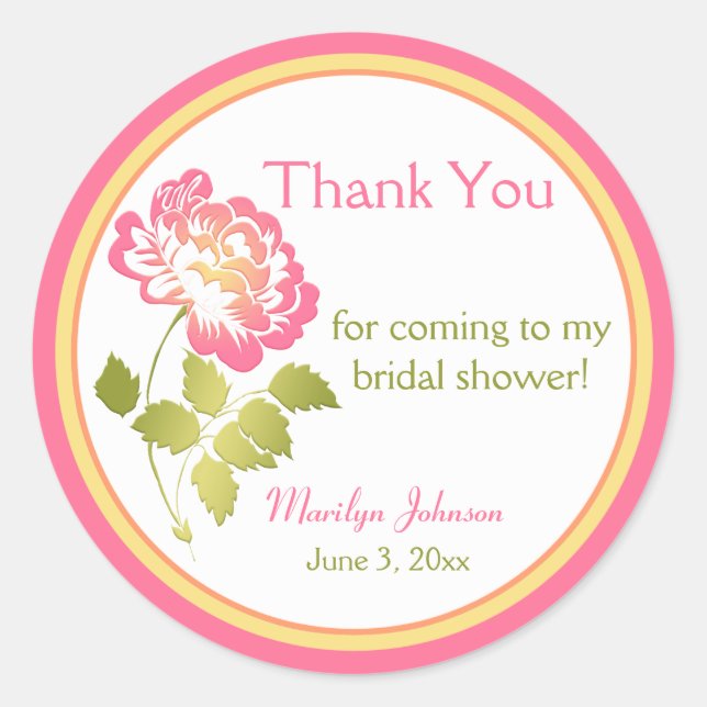 Pink, Green, Yellow, Peony Bridal Shower Sticker (Front)