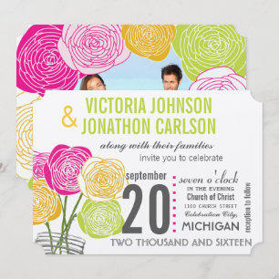 Pink Green Yellow Photo Floral ModernTypography Invitation