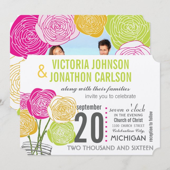 Pink Green Yellow Photo Floral ModernTypography Invitation (Front/Back)