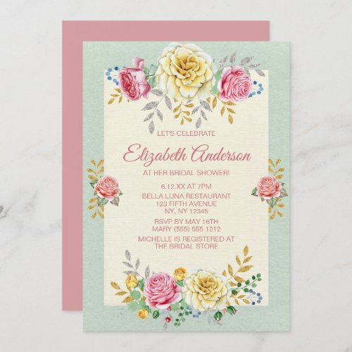 Pink Green Yellow Rose Gold Silver BRIDAL SHOWER Invitation