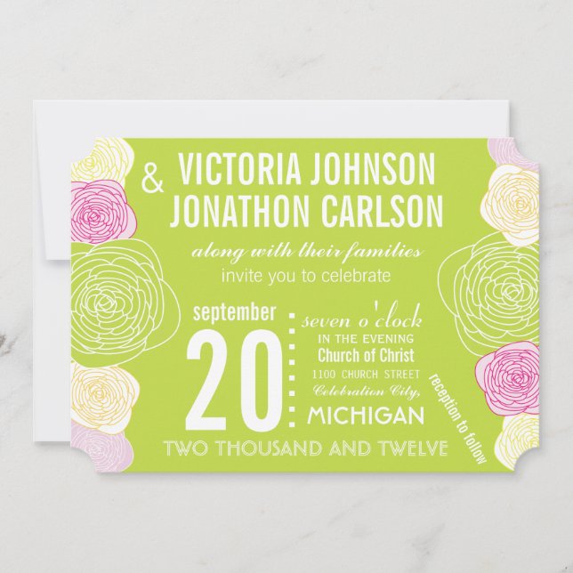 Pink Green Yellow Rose ModernTypography Wedding Invitation (Front)