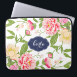 Pink Green & Yellow Spring Flowers Watercolors Laptop Sleeve<br><div class="desc">Elegant modern watercolors illustration pink roses and pail yellow spring flowers bloom. Customizable white background and customizable monogram on navy blue name-tag/frame.</div>