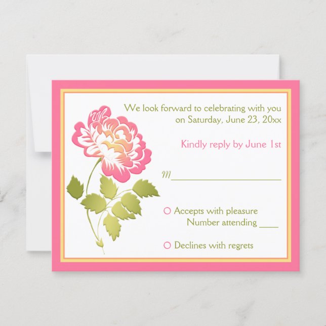 Pink, Green, Yellow, White Peony Floral RSVP Card (Front)