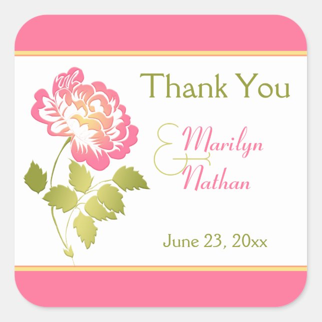 Pink, Green, Yellow, White Peony Thank You Sticker (Front)