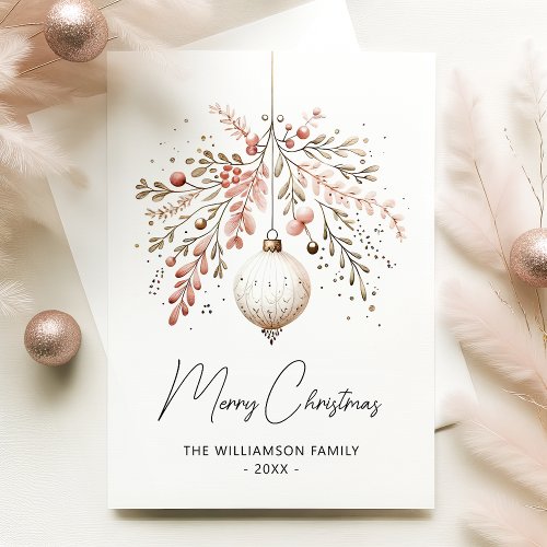 Pink Greenery Bauble Christmas Watercolor Card