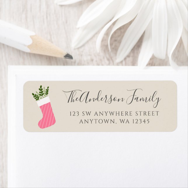 Pink Greenery Christmas Stocking Cream Label (Insitu)