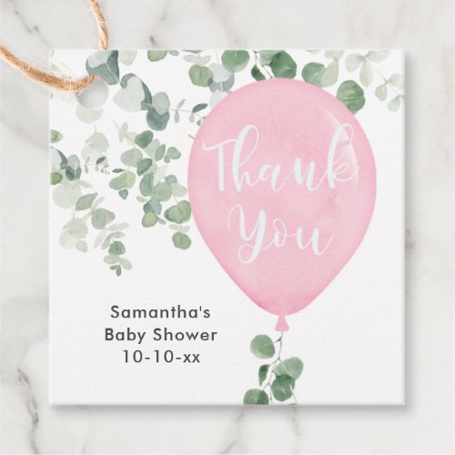 Pink greenery eucalyptus balloon baby shower favor tags
