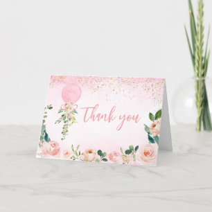 Pink Greenery Floral Balloon Baby Shower Letterpress Thank You Card
