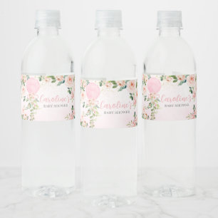 Pink Greenery Floral Balloon Baby Shower Water Bottle Label
