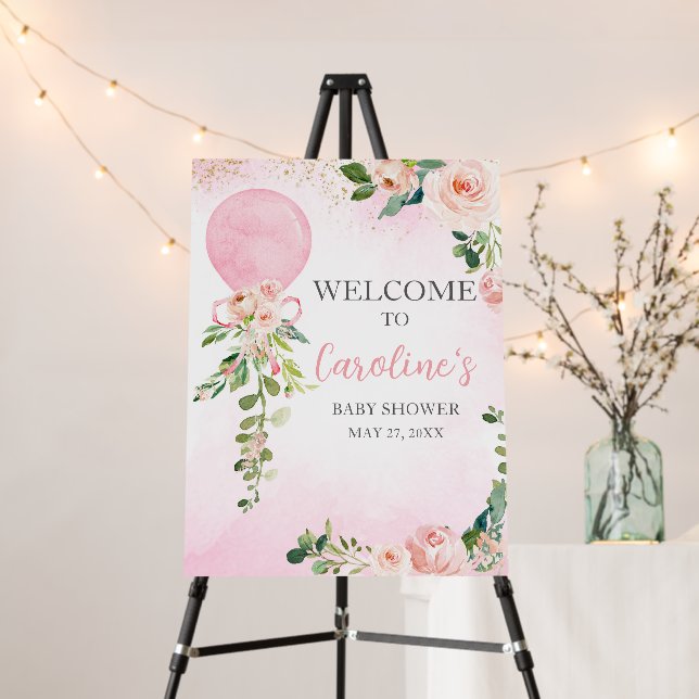 Pink Greenery Floral Balloon Welcome Sign (In Situ (Stand))