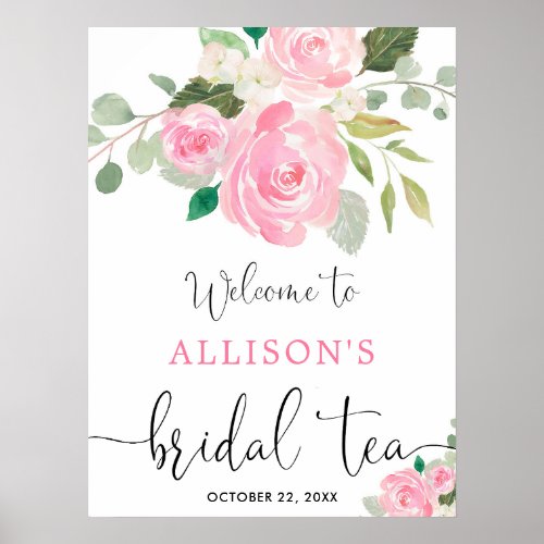 Pink greenery floral bridal tea welcome sign