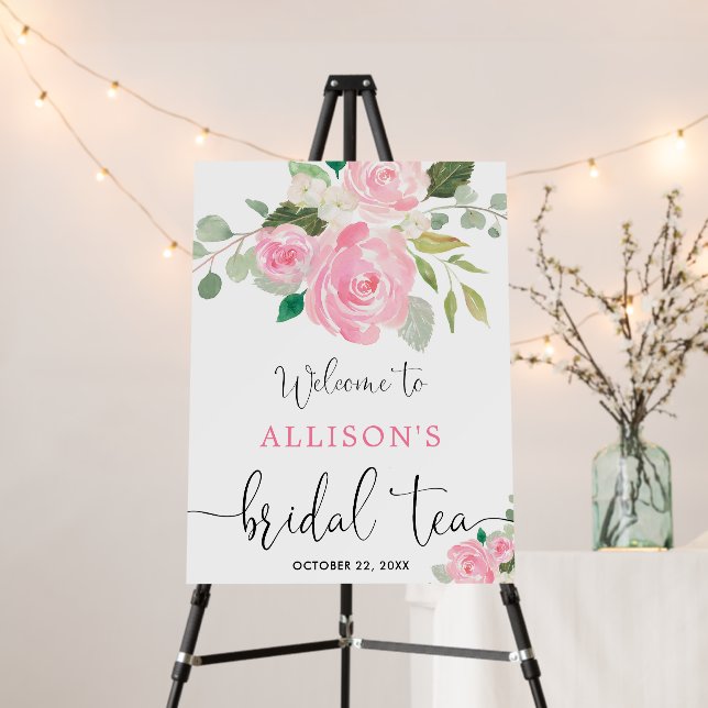 Pink greenery floral bridal tea welcome sign (In Situ (Stand))