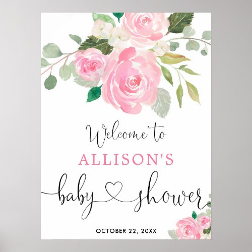 Pink greenery floral girl baby shower welcome sign