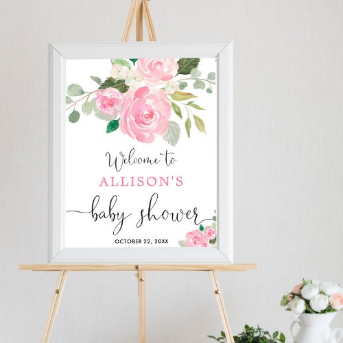 Pink greenery floral girl baby shower welcome sign
