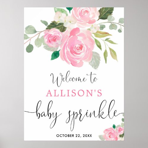 Pink greenery floral girl baby sprinkle welcome  poster
