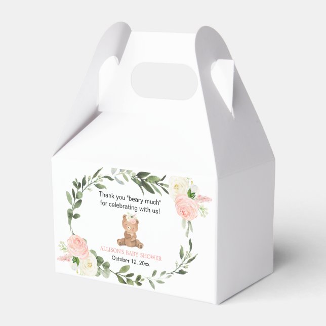 Pink greenery floral teddy bear girl Favor Box (Front Side)