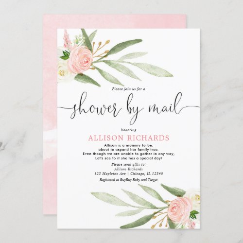 Pink greenery gold baby shower by mail girl invitation