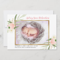 Pink greenery gold elegant girl birth announcement