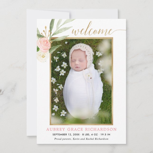 Pink greenery gold elegant girl birth announcement (Front)