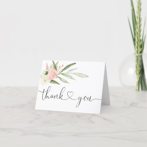 Pink greenery gold elegant script thank you card