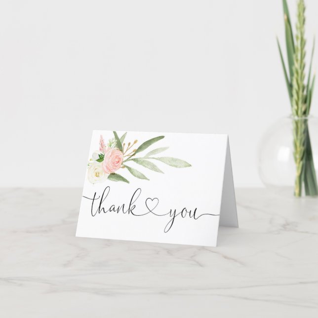 Pink greenery gold elegant script thank you card (Front)